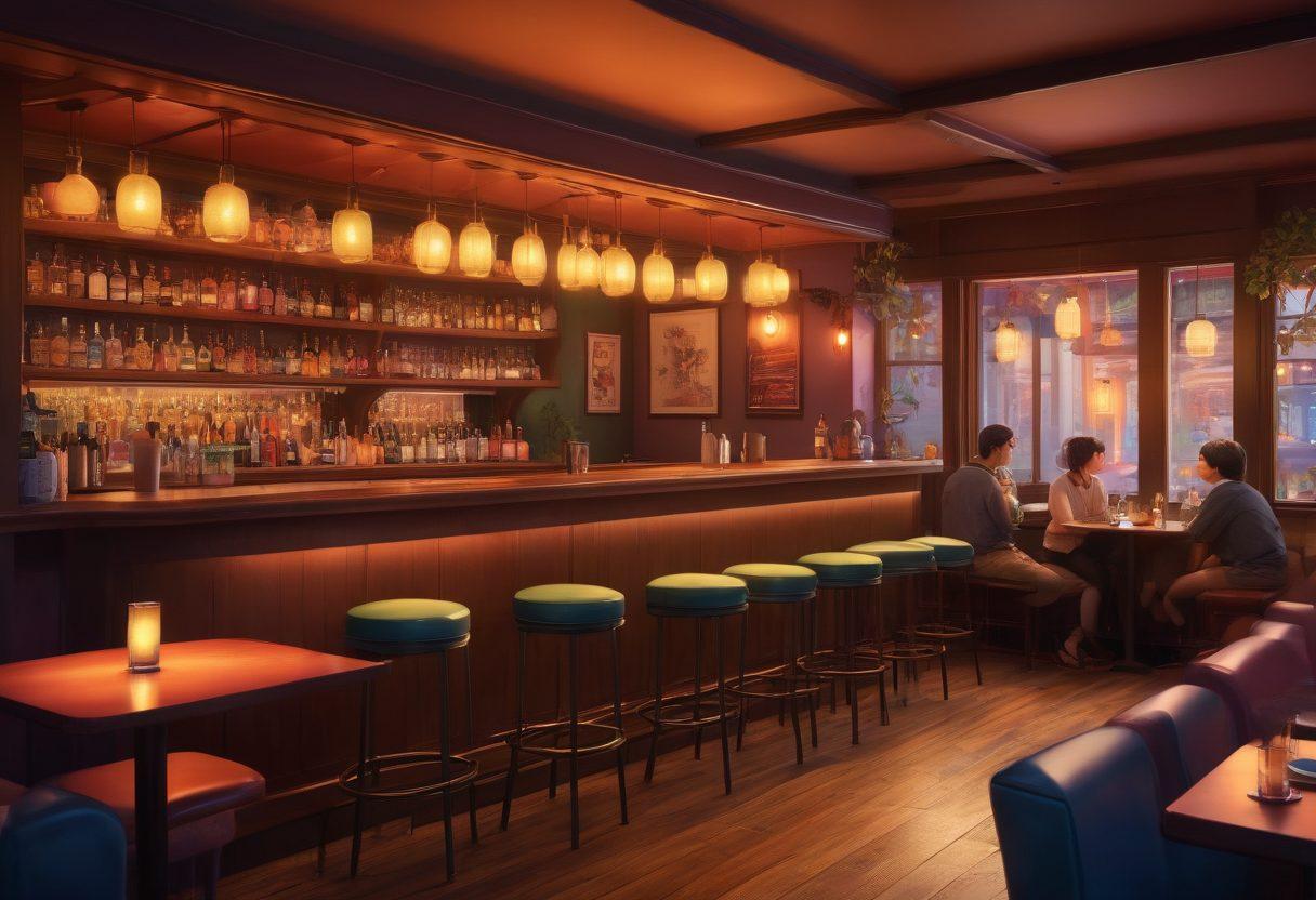 A whimsical illustration of a cozy bar setting, with a warm atmosphere and inviting lighting. Patrons are joyfully engaging in conversations, some playfully exploring anime and artistic expressions of anal stimulation. Include soft pillows and playful art decor that suggest intimacy and comfort. A hint of humor with quirky characters enhances the playful theme. vibrant colors. illustration.