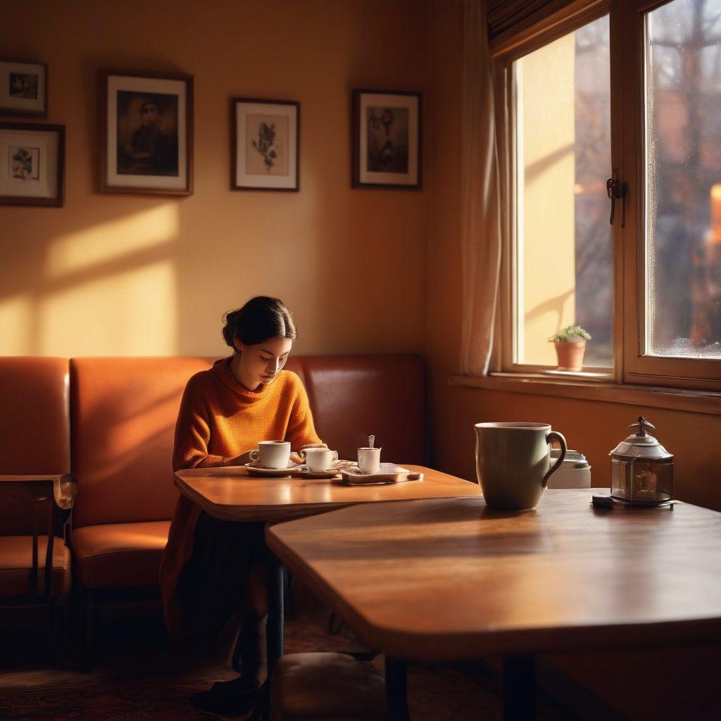 A dimly lit coffee shop with soft shadows and moody lighting, a person seated alone at a small table, holding a steaming cup of coffee. Subtle hints of sadness in their expression, juxtaposed with playful elements like quirky coffee mugs and colorful decor. Delicate splashes of warm colors to create a cozy yet melancholic atmosphere. super-realistic. moody colors. soft focus.