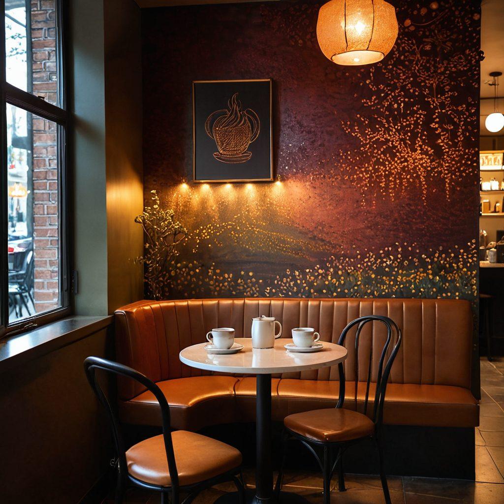 A dimly lit cafe interior with a cozy corner featuring a small table set for two. On the table, there's a steaming cup of coffee with whimsical designs in the foam, surrounded by soft shadows and warm hues. In the background, soft silhouettes of patrons engage in deep conversations, while a subtle sparkle of iridescent colors glints from the coffee cup, suggesting a hidden depth. Overall, the atmosphere is contemplative, interwoven with a hint of playful intrigue. super-realistic. warm tones. soft focus.